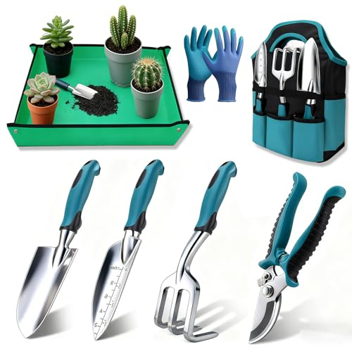 Set de 7 Herramientas de jardinería con Guantes y Bolsa de Almacenamiento, Mangos ergonómicos Antideslizantes, para Exteriores