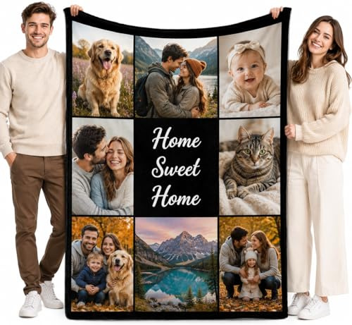 Personalisierte Foto Decke mit 8 Eigenen Fotos Sofadecke in 4 Größen | Super Weiche Extra Gemütliche Kuscheldecke für die Familie Freunde Geschwister, Lieferung aus Deutschland