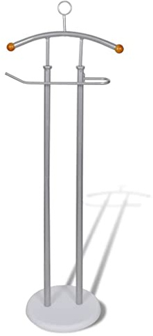 LoogCape Perchero de metal para caballero con percha y barra para pantalones, color gris plateado, ahorra espacio, de estructura de hierro resistente y madera, ideal para trajes, camisas