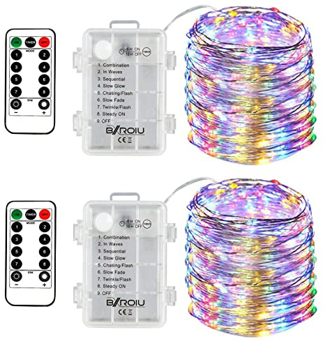 BXROIU 2 x batteridrivna ljusslingor, silvertråd, 8 lägen, kedjor, 5 meter, 50 lysdioder, Firefly ljusslingor med fjärrkontroll för sovrum, julfest, bröllopsdekoration (flerfärgad1)