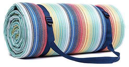 Extra Groß Picknickdecke 250 X 250 cm 300 X 300 cm Wasserdicht Sanddicht Verdicken Stranddecke Mit Riemen Tragbar Faltbar Teppich Jumbo Matte Zum Camping Wandern Reise Gras XXL (Regenbogenstreifen)
