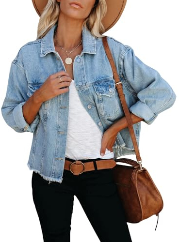 LONGBIDA Women's Jean Jacket Frayed Washed Button Up Cropped Denim Jacket With Pockets(Light Blue,M)