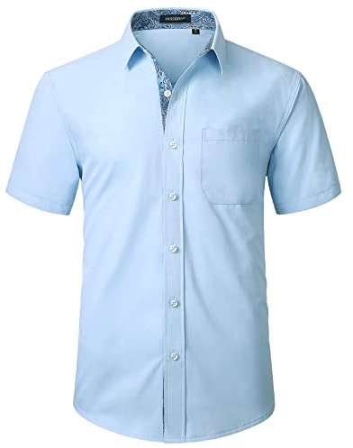 HISDERN Herren Hemd Kurzarm Freizeithemd Businesshemd Herren Kurzarm Blau Hemden Regular Fit Bügelfreies Herrenhemd mit Brusttasche,2XL
