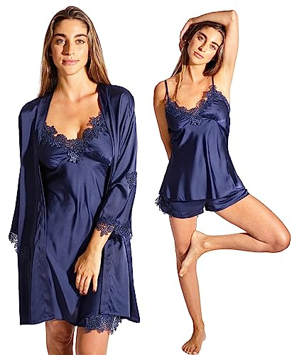 Laura in - 5 Piezas Conjunto Pijamas de Seda satén con Encaje Bordado, Ropa de Dormir para Mujer, Bata, camisón, Top, Cortos y Pants Largos-1108AzulL