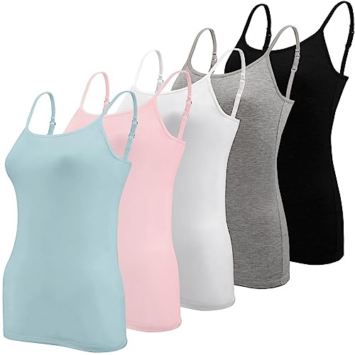 BQTQ 5 stycken spagettitopp damer undertröja spagettiremmar linne med justerbar rem basic Cami linne topp för kvinnor och flickor, Svart, vit, grå, himmelsblå, ljusrosa, M