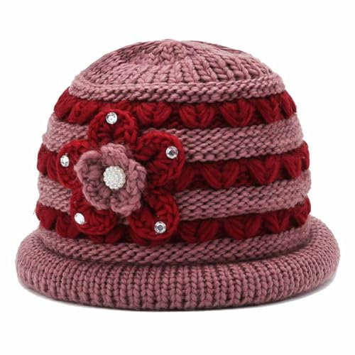 SHTGOI Strickmütze Beanie Mütze mit Gestrickte Blumen aus Wolle und Strasssteinen Warme Cloche Hüte mit Fleece gefütterte Zweifarbig Gestrickt Wintermütze für Frauen mittleren Alters Rosa