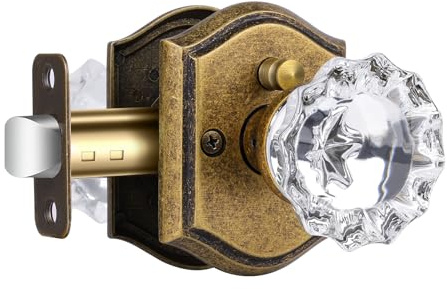 CLCTK Glass Door Knobs Interior with Lock, Vintage Crystal Privacy Antique Brass Door Knobs for Bedroom Bathroom, 1 Pack
