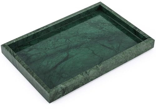 Bandeja Baño Bandeja Mármol Natural Rectangular Antideslizante Bandejas Decorativa para Cosmético, Salón, Dormitorio, Joyas, Velas, Jabón, Toalla (Verde, 30 x 20 x 3 cm)