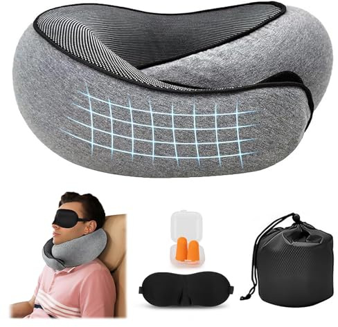 Gonggi Neck Pillow, Travel Pillow 360° Support, Memory Foam Travel Neck Pillow for Airplane With 3D Contoured Eye Masks,Earplugs, U-Shaped Pillow For Airplanes, Car, Office, Sleeping Upright, Grey