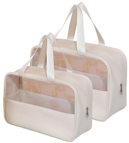 SYEXDZON Trousse de Toilette de Voyage Transparente, 2 pièces Trousse de Toilette de Maquillage Portable, PVC+PU Sac de Toilette Cosmétique étanche Suspendu, Accessoires de Voyage pour Femmes (Beige)