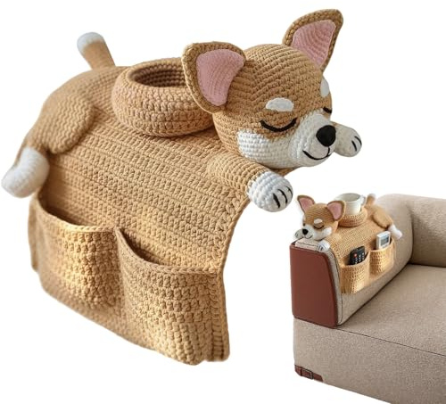 Sofa Organizer – Crochet Dog Storage, Cute Handmade Pocket, Sofa Armrest Pocket, Cup Holder Organizer | For Drink Cup Phone Snack Glasses Bedroom Apartment Household Recliner Armchair Living Room