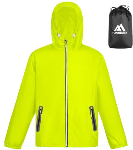 flintronic Chubasquero Hombre Impermeable, Chaqueta Ligera Cortavientos Running Hombre, con Capucha, Cremallera, Bandas Reflectantes, Chubasquero Moto con Bolsillos, Verde, XL