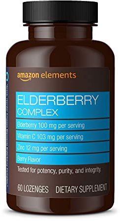 Amazon Elements Elderberry Complex, Immune System Support, 60 Berry Flavored Lozenges, Elderberry 100mg, Vitamin C 103mg, Zinc 12mg per Serving (Packaging may vary)