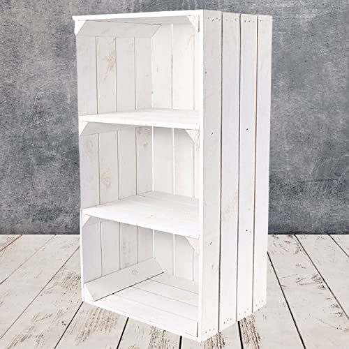 Moooble Weiße Regalkiste mit 2 Mittelbrettern 68cm x 40cm x 31cm Apfelkiste Obstkiste Weinkiste Holzregal Vintage Bücherregal Abstelltisch Ablagekisten Schuhregal massiv Natur Garten