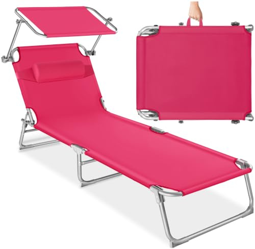 tectake® Tumbona Plegable con Toldo y Respaldo Regulables, para Piscina con Reposacabezas y Parasol, Tumbona Playa Resistente a la Intemperie, Tumbonas Exterior, Carga Máx. 110 kg - Rosa
