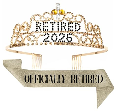 JPACO 2026 Retirement Tiara & Sash - Officially Retired Sash & Crown for Parties, Events, Gifts, Favors, and Decorations (2026 Gold)