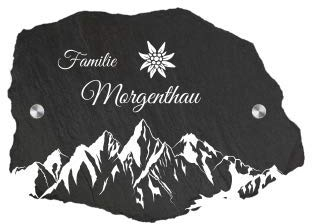 Schieferei – personalisiertes Schiefer Türschild – Schiefer Familienschild mit Wunschtext wie Name, Hausnummer uvm. selbst gestalten – Handmade in Germany (16 x 22 cm | Motiv: Berge)