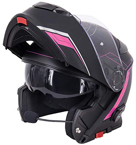 Zorax Matt Black/Pink M (57-58cm) Anti-fog Double Visor Flip up Motorbike Helmet fitted with Blinc Bluetooth System Motorcycle Dual-Speaker Headset,Noise-Free,Automatic Answering