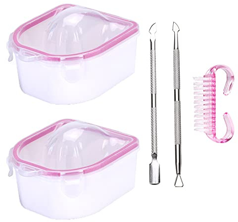 Nail Soaking Bowl Set, 2PCS Finger Soaking Bowl ​Handle Grip Nail Brush Triangle Cuticle Peeler and Stainless Steel Cuticle Pusher Nail Art Tool for Fingernail Toenail Caring Cleaning Brushes Kit…