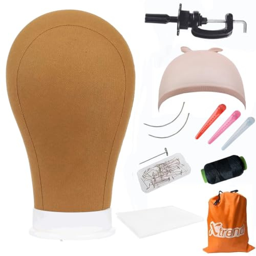 Xtrend 24 Poly Canvas Block Head Professional Brown Mannequin Canvas Head for Making/Drying/Styling Wigs with Table Clamp Stand and T Pins