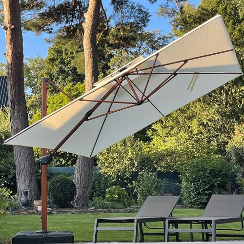 PURPLE LEAF Parasol De Jardin Extérieur, Parasol Déporté 3,65 x 3,65 m, Grain de Bois en Aluminium, Protection UV Automne, Toit à Double Rotatif 360°, Convient aux Villas Haut de Gamme, Crème