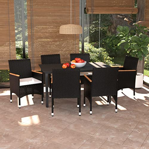 Gecheer 7-TLG. Garten Essgruppe mit Kissen Möbelsets Gartenmöbel Polyrattan Garten Sitzgruppe Gartengarnitur Garten Essgruppe Outdoor Terasse Poly Rattan Schwarz