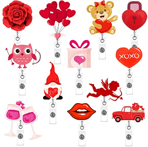 Sinmoe 12 Pcs Valentine's Day Badge Reels Retractable Cute Rose Heart Balloon Owl Gnome Valentines Badge Holder with Alligator Clip ID Nursing Name Tag Clip for Office Staff Worker