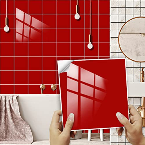 Credence Adhesive pour Cuisine 10X10 Rouge Stickers Cuisine Stickers Muraux Cuisine Carrelage Adhesif Mural Stickers Salle de Bain Dalle Pvc Adhesive Murale (10 Pièces)