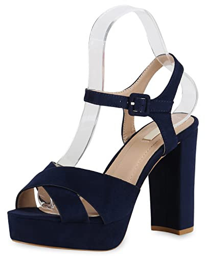 VAN HILL Damen Plateau Sandaletten Blockabsatz High Heels Wildleder-Optik Party Schuhe Absatzschuhe 175328 Dunkelblau Trendy 37