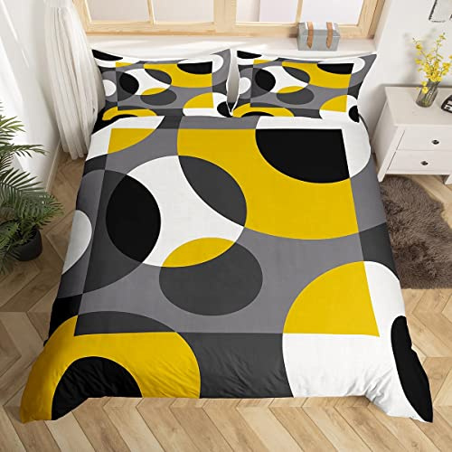 Erosebridal Yellow Geometric Duvet Cover Circle Bedding Set Twin,Abstract Swirls Lines Stripes Comforter Cover Retro Grommet Patchwork Geometric Rustic Modern Circle Urban Art Room Decor,Grey Black