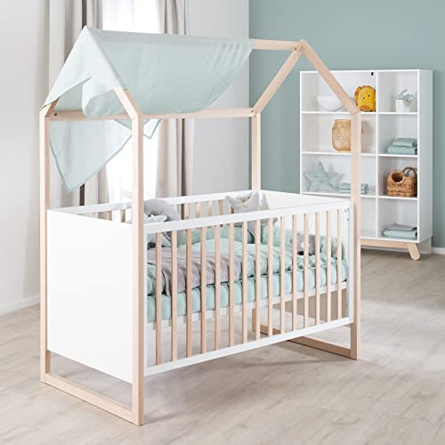 roba Hausbett 70x 140 cm - Babybett umbaubar zum Kinder/Juniorbett - Höhenverstellbar - 3 Schlupfstäbe - Gitterbett in Rahmenoptik aus Buche natur - Holz weiß