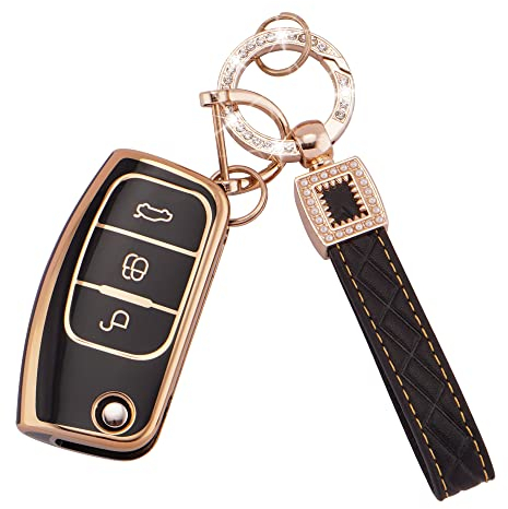 Koaudb Autoschlüssel Hülle Cover Passt für Ford Focus Fiesta Galaxy Kuga C-Max S-Max Mondeo MK4 3 Tasten Schlüsseletui TPU Schlüsselhülle mit Lederanhänger Schlüsselanhänger (BP-Frd-3F)