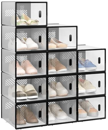 WOLTU Boîte à Chaussure, Lot de 12, Rangement Chaussure, Boîte Chaussure Transparente, Meuble Chaussures, Empilable, Plastique, avec Couvercle Frontal