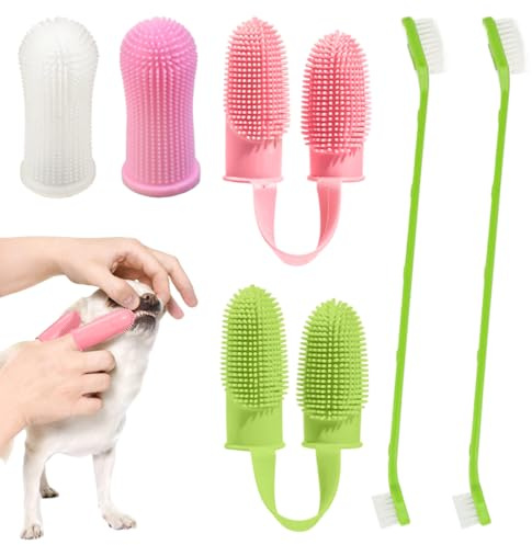 GGUFAY Hundezahnbürste, 4 Stück 360º Pets Zähne Reinigung Zahnbürste für Hunde Katzen Zahnpflege, 2 Double Fingerlinge Hunde Zahnpflege,2 Langem Griff Hundezahnbürste,Silikon Finger Zahnbürsten