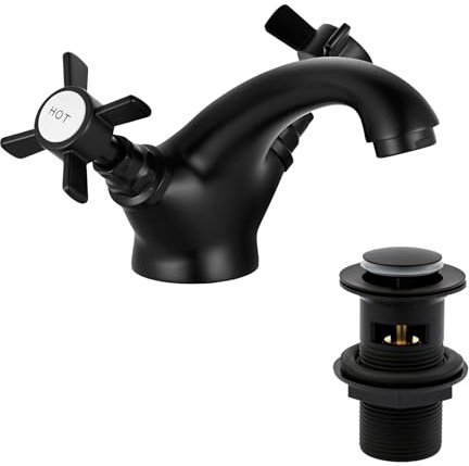 Black Victorian Bathroom Sink Tap for Basin with Pop Up Sink Plug Dual Cross Lever Brass Swan Neck Bathroom Tap Mixer Traditional Basin Mixer Tap 044BK