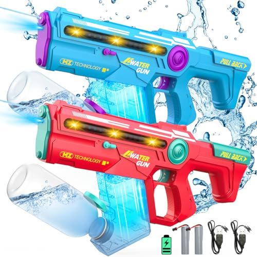 VATOS Pistolet à Eau électrique 2 pièces, Pistolet à Eau Automatique de 10 mètres Gamme, 1200CC Pistolet à Eau Puissant de Grande capacité avec lumière pour garçons Filles Jouet d'été