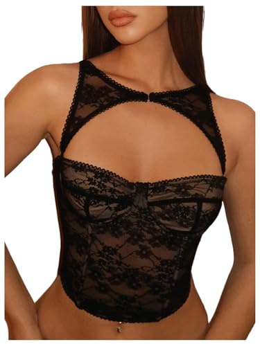 WDIRARA Women's Cut Out Lace Crop Bustier Corset Tank Top Sexy Going Out Party Club Tops Black Medium