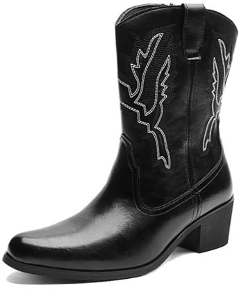 Botas De Hombre Cowboy - Western Boot Botas De Hombre Cowboy con Punta | Pull-On Boots| Bordado | para Trabajar, Equitación,Negro,41 EU