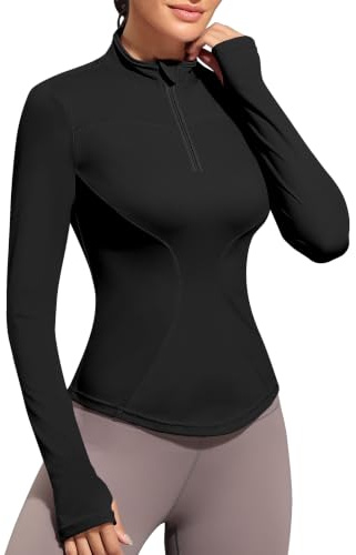 JoyGirl Sport Top Damen Yoga Shirt Langarm Sportshirt Gym Oberteil Leicht Fitness Top mit 1/4 Reißverschluss und Daumenloch (Schwarz, L)
