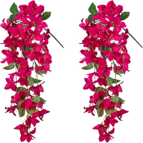AQCQDQ 2PCS Künstliche Bougainvillea Hängend, Kunstblumen Hängend Wie Echt Bougainvillea Pflanze Blumenranken, Kunstpflanze Seidenblumen Hängeblumen Hibiskusblüten für Garten Hochzeit (Rosa)