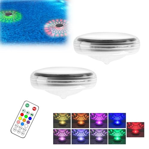 Solar Underwater Pond Lights - IP68 Waterproof Floating Pool Lights | Colorful 9 Lighting Changing Lamp with 3 Timing Mode & 3 Levels Brightness Adjustment for Garden (White-2pcs)