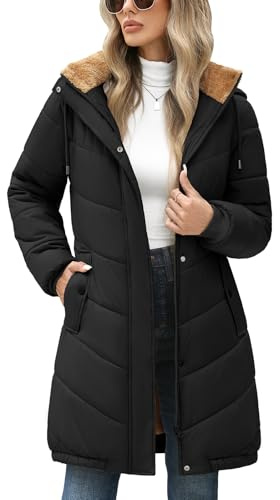 RITOSTA Long Womens Jacket Fleece Lined Coats Winter Puffer Jackets Ladies Quilted Down Jacket Zip Up Padded Coat Warm Casual Outdoor Hooded Parka Overcoat with Pockets(Black,XL)
