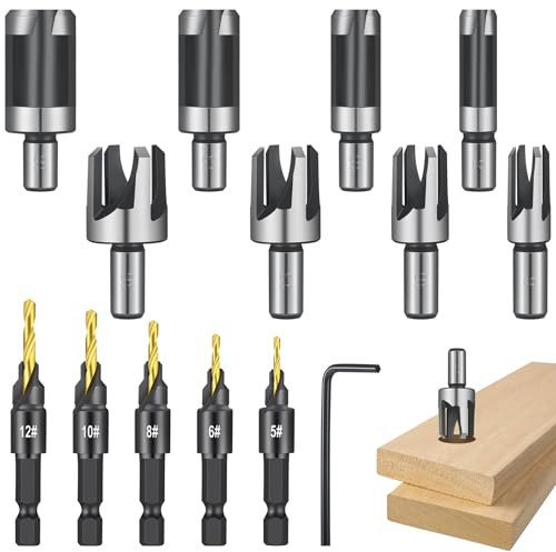 14 Pcs Countersink Drill Bit Set, 5 Wood Drill Bits and 8 Plug Cutters with L-Wrench, Titanium-coated Self Centering Drill Bit with 1/4 Hex Shank, Quick-Change Wood Plug Cutter Set for Woodworking