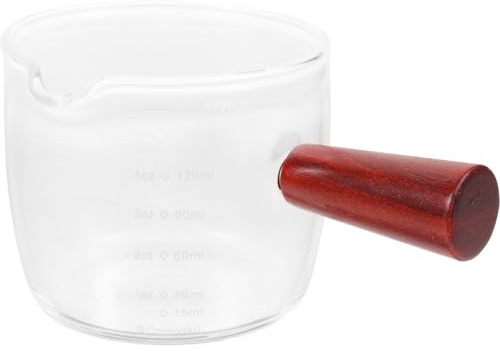 Hemobllo Taza Medidora de Vidrio de 150ml Mango de Madera y Escala | Borde Doble para Servir, Uso en Leche y Café Expreso, Acabado Transparente, Formato Compacto