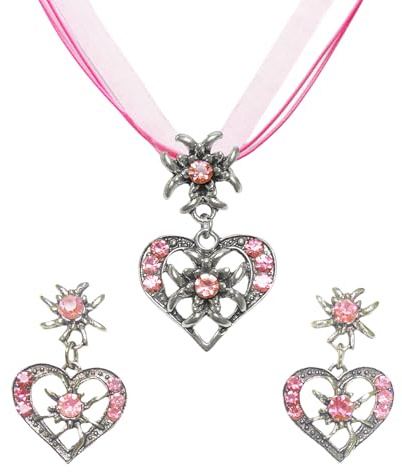 Glamifyr 3 Stück Trachtenschmuck Damen Set,Ohrringe und Halskette mit Strass Edelweiß Herz Anhänger,Bayerisch Dirndlschmuck Trachtenkette,für Oktoberfest Accessoires,Oktoberfest Damen Outfit