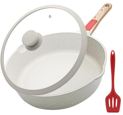 AIKENBBKK Aluminum Nonstick Frying Pan 28cm with Lid, Non Stick Skillet with Removable Handle, Deep Saute Pan for All Hobs, Oven Safe (White)