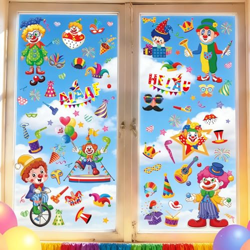 9 Blatt Fensterbilder Kölner Karneval Deko,Selbstklebend Clown Fenster Aufkleber für Köln Karneval Deko,Clown Fensterdeko, Fasching, Zirkus