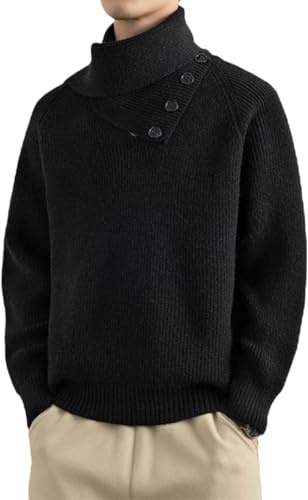 Stickad tröja för män långärmad v-ringad termisk pullover tröjor med avtagbar halsduk, Svart, S