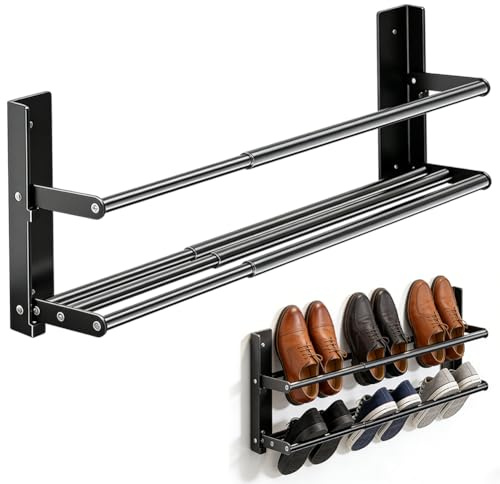 Skohållare, väggmonterad, utdragbar, 37 - 67 cm, metallskohållare, svart, miniskohållare, smal, 2 nivåer, skohållare för dörr, korridor, badrum, husvagn, utrymmesbesparande för 6 par