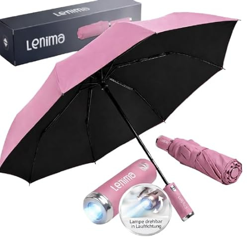 Regenschirm mit Licht, robuster sturmfester Taschenschirm automatik leicht | Lampe zum drehen in Laufrichtung, Regenschirm sturmfest 130 km/h, Taschenschirm mit Auf-Zu-Automatik, kompakter Regenschirm